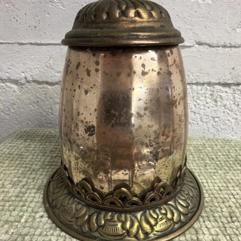 Vintage Brass Copper Candle Holder Mercury Glass Floral Flowers 8” Boho Decor